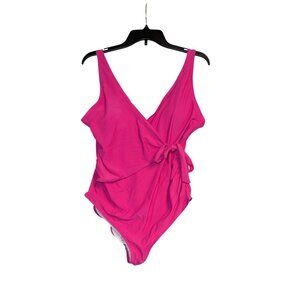 Hot Pink One-Piece Swimsuit With Wrap Tie Detail & V-Neckline Size L